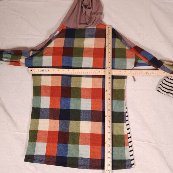 Celeste Multi Pattern Hoodie Womens Medium Check Striped Drawstring USA FLAW - Picture 4 of 16